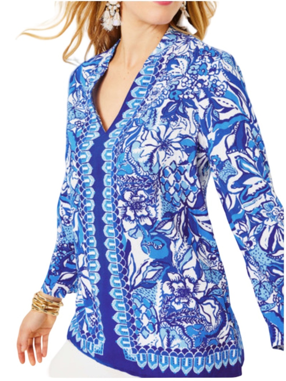 Lilly Pulitzer Luna Bay Blue & White Floral  Pullover Tunic Top 3/4 Sleeves